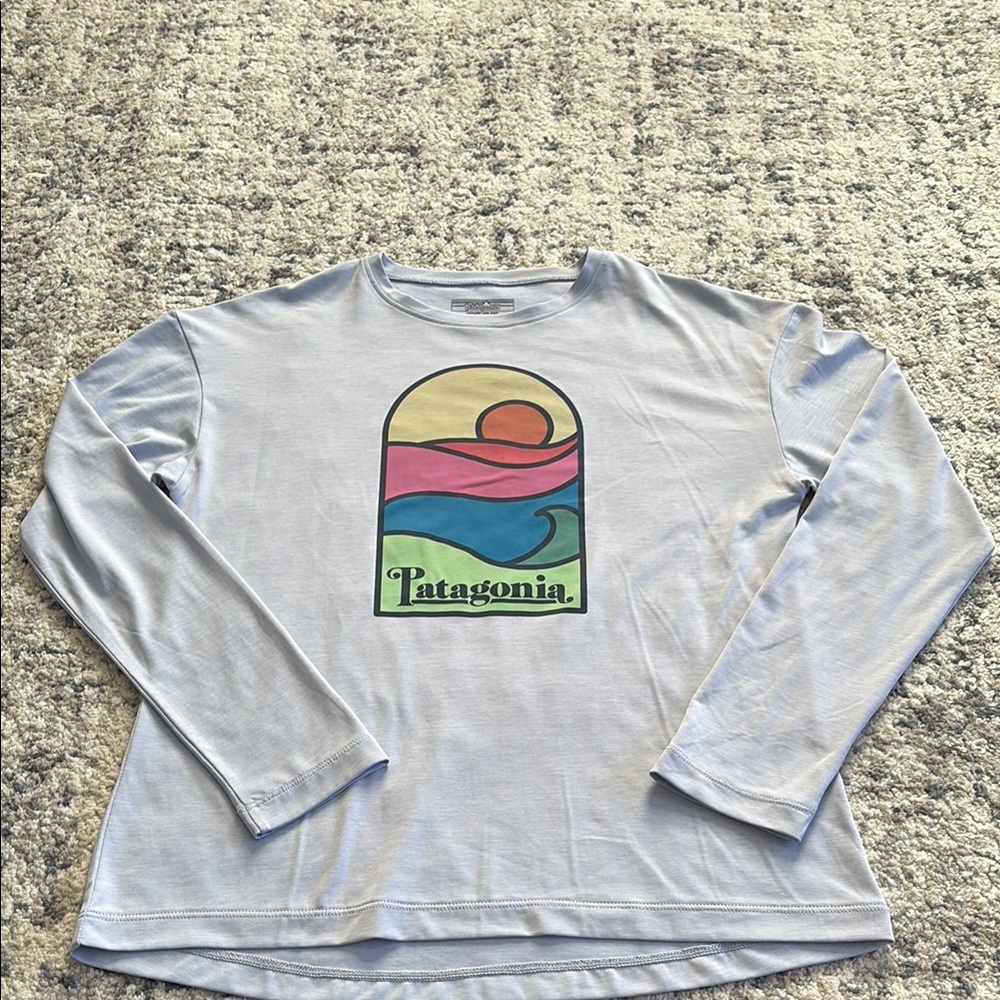 Patagonia Pink and Blue Long Sleeve Tee with Retro Graphic
